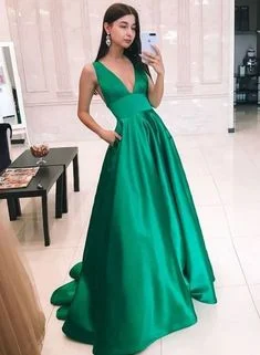 Vintage Clothing For Women Bohemian Vibe Green v neck satin long prom dress, simple evening dress  cg7549