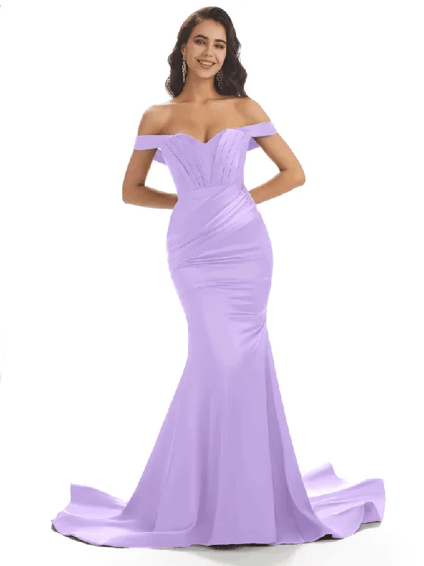 Women's Seasonal Attire Contemporary Chic Sexy Mermaid Off Shoulder Floor-Length Soft Satin Bridesmaid Dresses Online In Stock