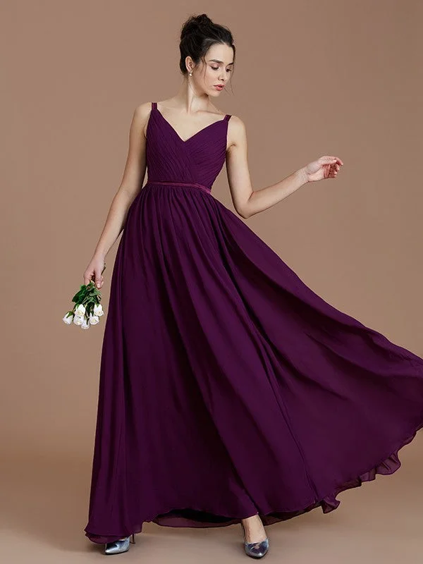 Women's Night-Out Clothes Chic Allure A-Line/Princess V-neck Sleeveless Ruched Floor-Length Chiffon Bridesmaid Dresses