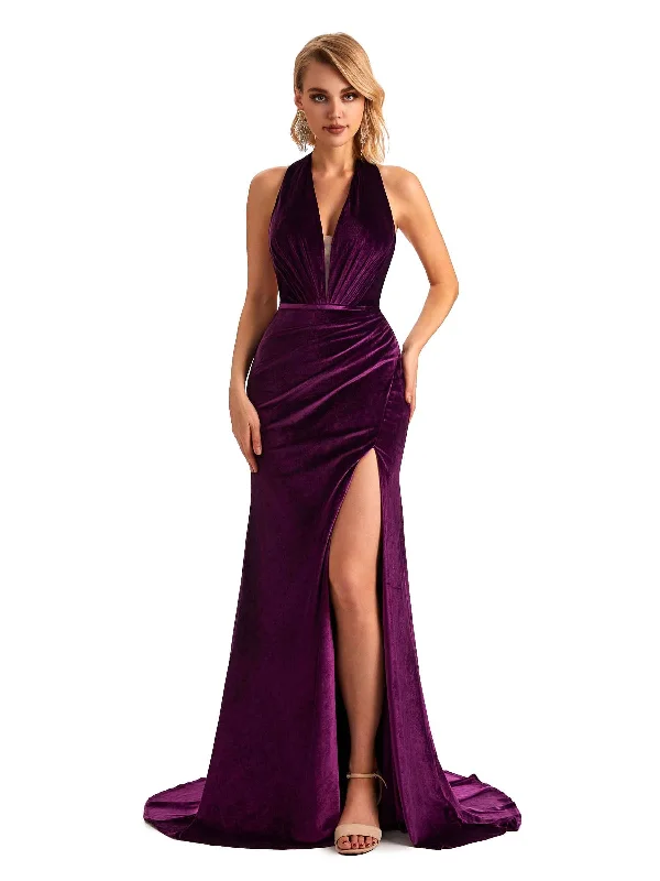 Affordable Trendy Clothes For Women Disco - Inspired Retro Dance Look Sexy Backless Mermaid Halter Side Slit Velvet Long Bridesmaid Dresses Online