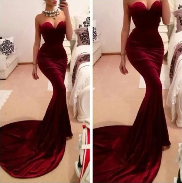 Women's Evening Clothes Subtle Sophistication Siaoryne LP0903 Burgundy Sexy Mermaid Prom Dress Long Velvet Sweetheart Evening Gowns Fishtail