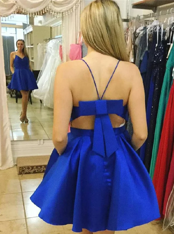 Women's Office Clothing Floral Style Royal Blue Spaghetti Straps Satin Bowknot Back Short Party Dress With Pockets OC109