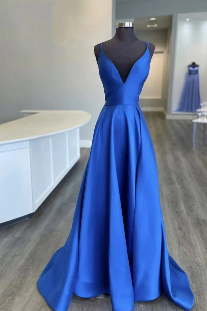 Women's Holiday Apparel Formal Outfit Amzcw Blue v neck satin long prom dress blue bridesmaid dress formal wear dresses