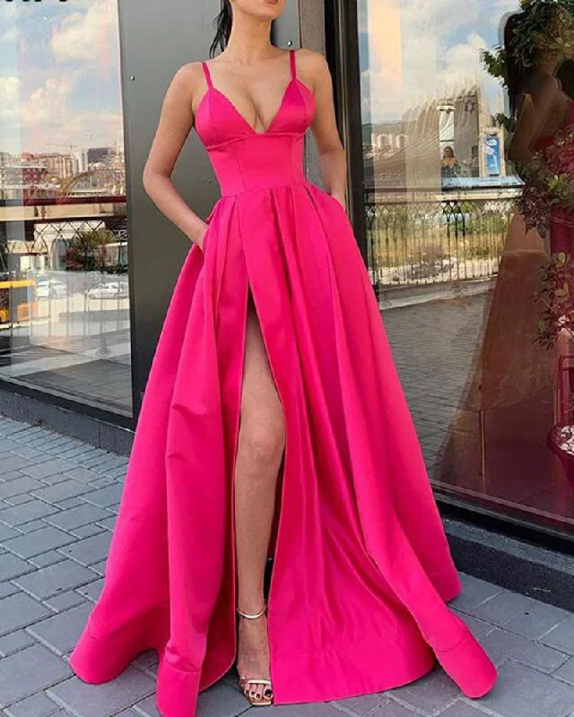 Women's Clothing Great Deals on Ethnic Cultural Wear Elegant sation A Line slit Long Evening Dress Fuchsia Pink Formal Party Gown PL0625