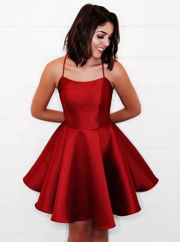 Women's Trendy Casual Clothes Elegant Contour A-line Satin Burgundy Short Prom Dress, Spaghetti Homecoming Dress OM357