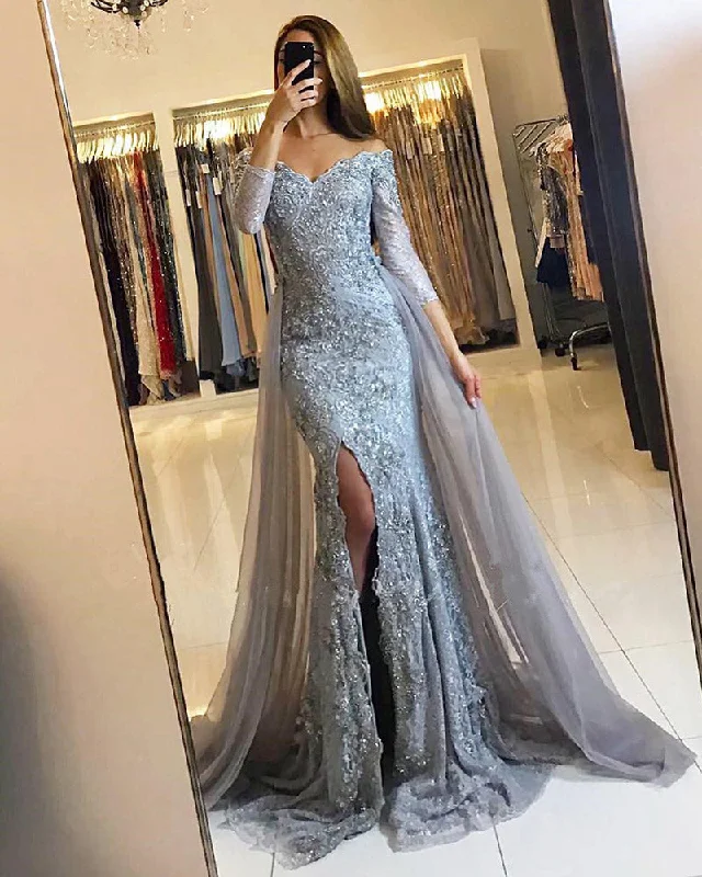 Classic Clothes For Women Y2K Nostalgic Fashion Look Elegant Lace Mermaid Prom Dresses Full Sleeves Sexy Slit Long Evening Gown With Detachable Train Off Shoulder Formal Wearing