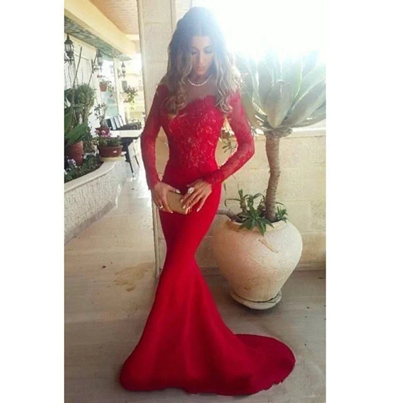 Women's Activewear Attire Romantic Flair Elegant Long Sleeves Mermaid Prom Dresses,red Evening Gowns for Women,Formal Dresses 2020