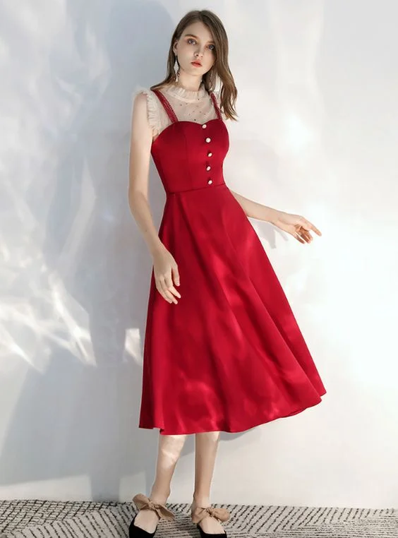 Women's Plus-Size Clothes Fashion-Forward Style Burgundy Satin Tea Length Prom Dress 2020  cg8483