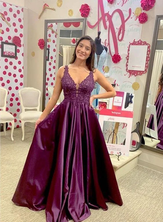 Women's Professional Clothes Summer Fashion Purple v neck satin lace long prom dress, evening dress  cg7710