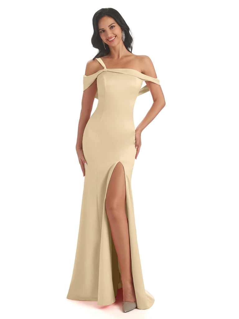 Women's Transitional Attire Luxe Layering Off Shoulder Soft Satin Side Slit Mermaid Floor-Length Bridesmaid Dresses In Stock