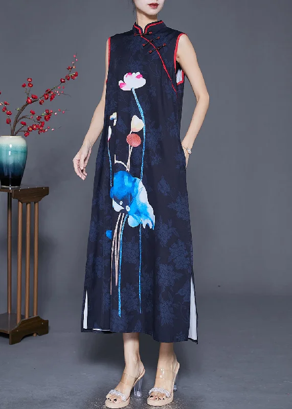 Modern Women's Attire Seasonal Trend Women Black Print Chinese Button Silk Long Dress Sleeveless