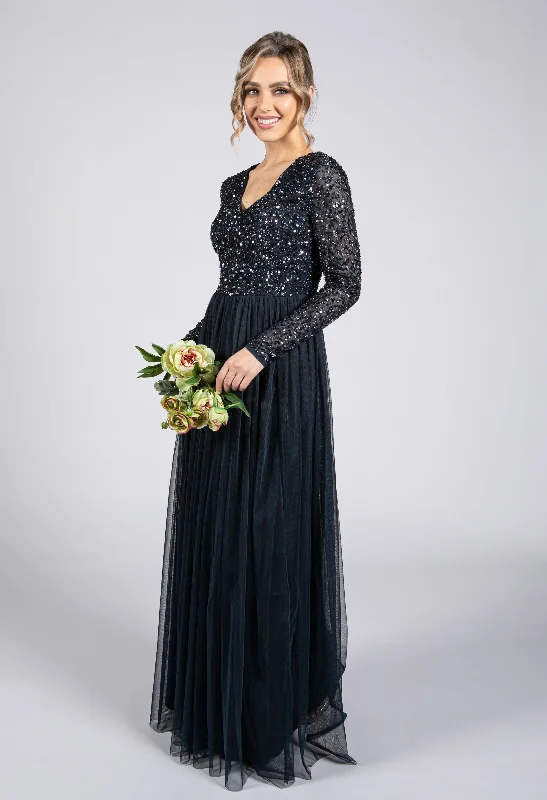 Women's Formal Event Attire Luxury Style Navy Long Sleeve Tulle and Sequin Dress