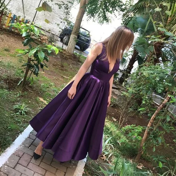 Comfortable Lounge Clothing Sleek Design Simple Purple Satin Ankle Length Prom Dress Sleeveless Short Party Gown   cg7513