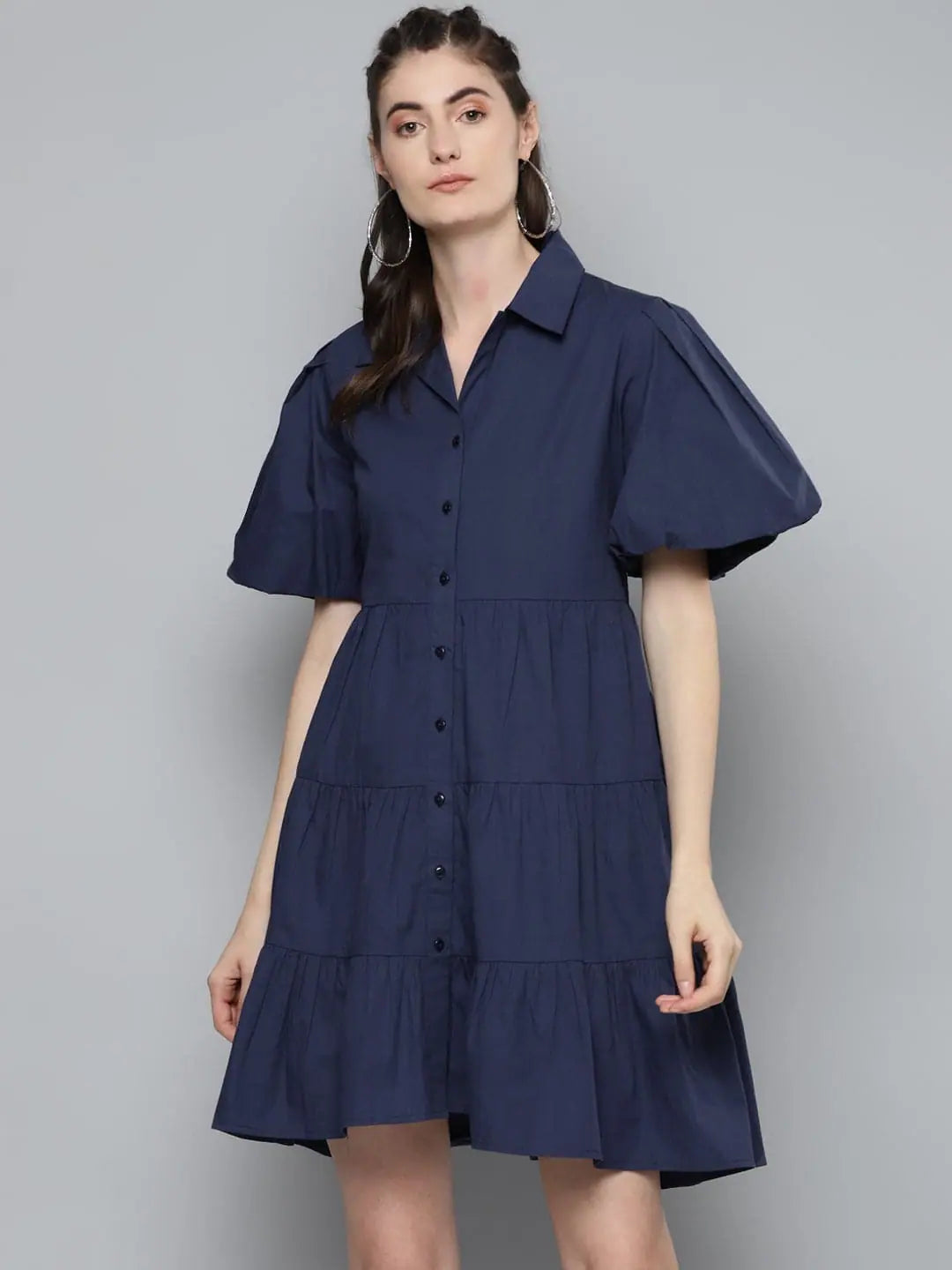 Women's Work Outfit Contemporary Elegance Navy Tiered Shirt Dress