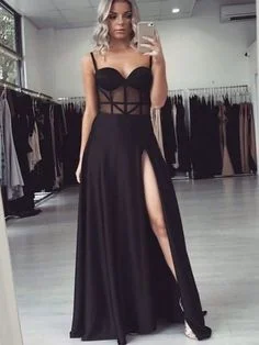 Women's Clothing Minimalist Elegant Glamorous A-Line Sweetheart Open Back See through Black Satin Long Prom Dresses  cg7667