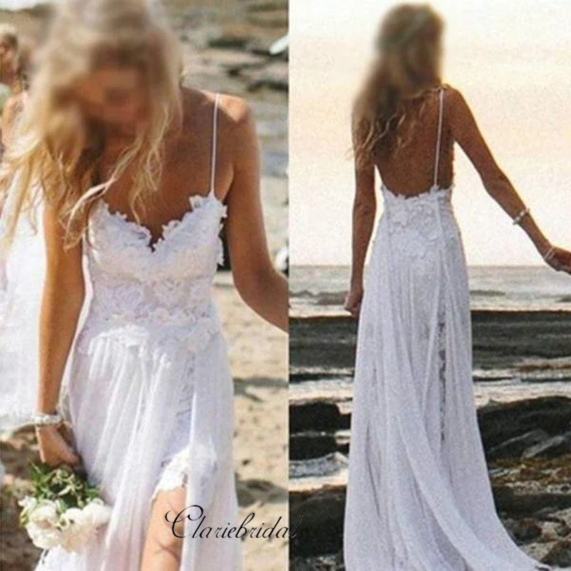 Women's Trendy Clothes Graceful Cut Spaghetti White Lace Side Slit Wedding Dresses,Simple Wedding Dresses