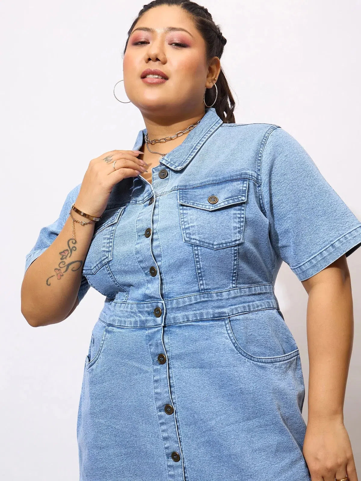 Women's Sporty Clothes Romantic Date - Night Ensemble Women Navy Denim Acid Wash Front Button Shirt Dress