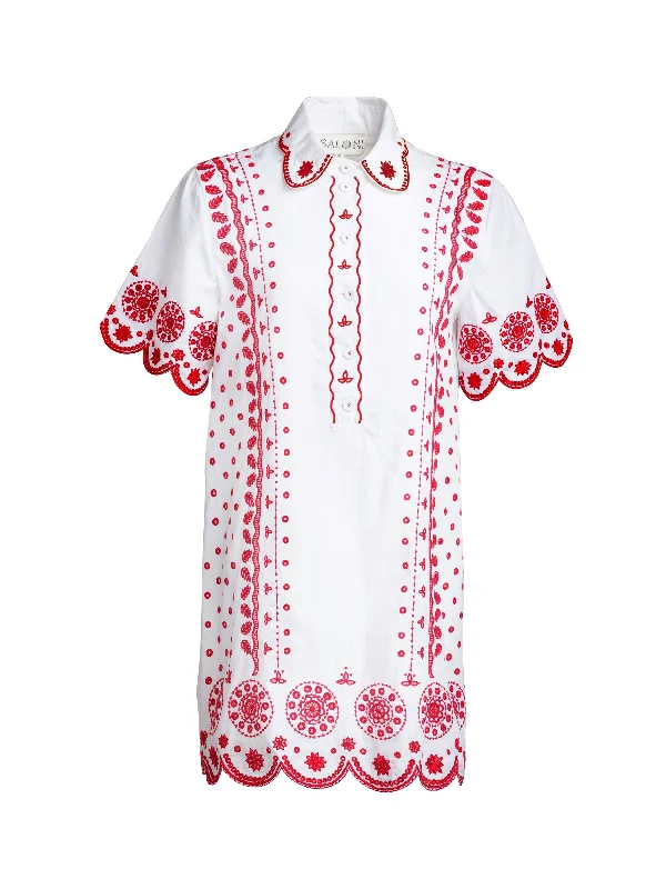 Women's Apparel Floral Style Dree Cotton Broderie-anglaise Shirt Dress in White Punch