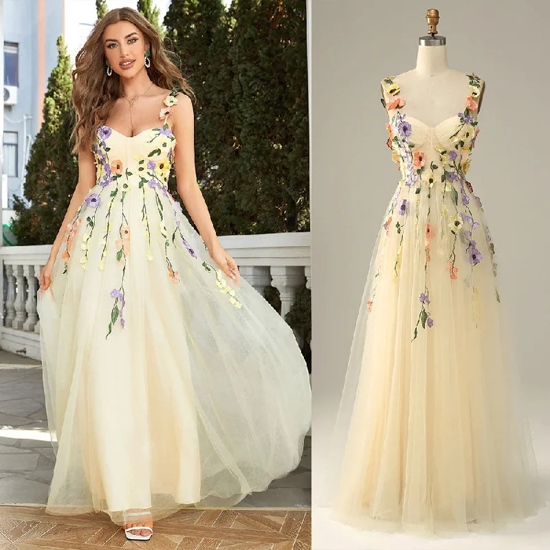 Women's Stylish Outdoor Outfit Floral Style Beige Tulle Embroidery Long Homecoming Dresses Straps Formal Party Princess Gown PL38301