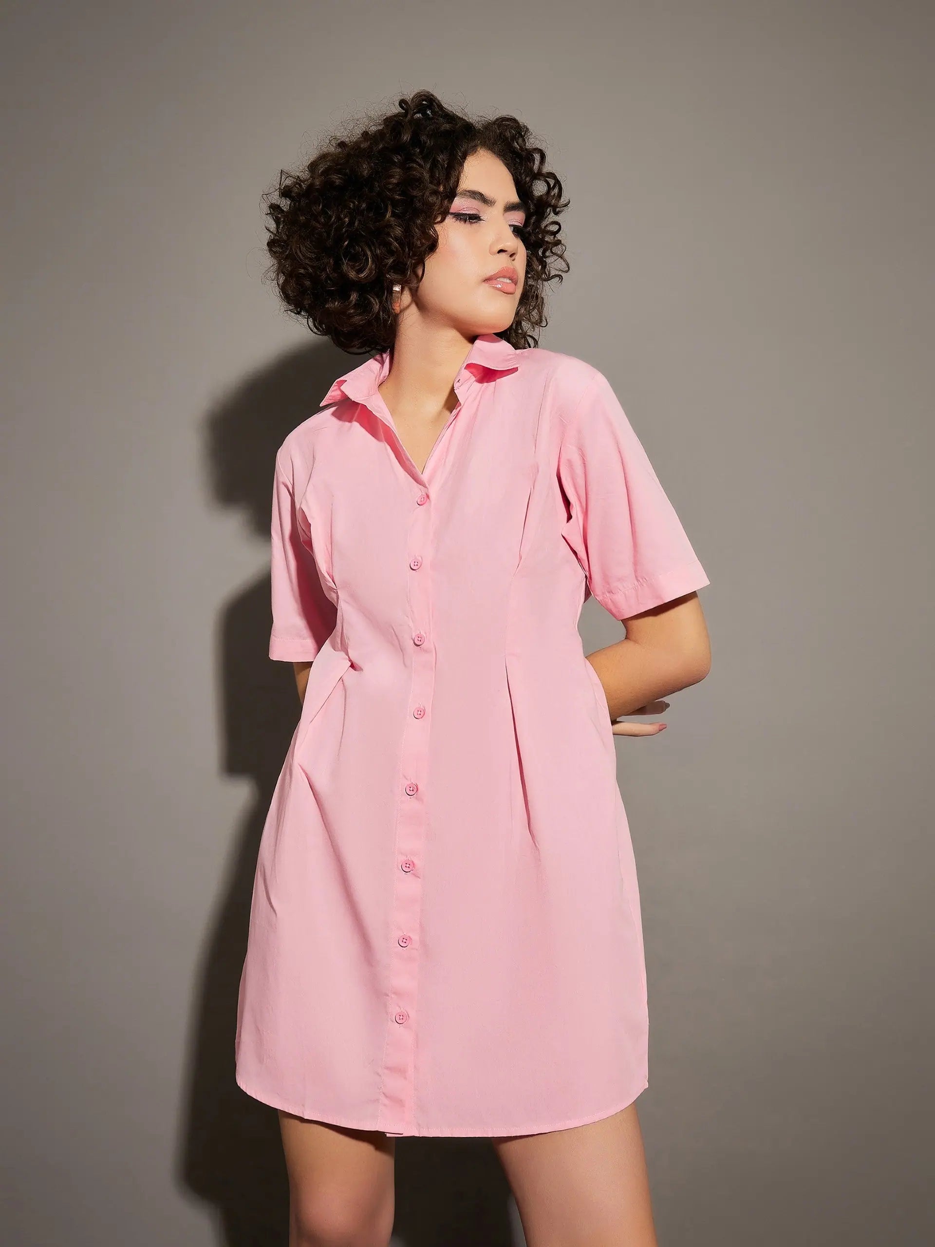 Women's Active Clothing Romantic Flair Women Pink Poplin Shirt Dress