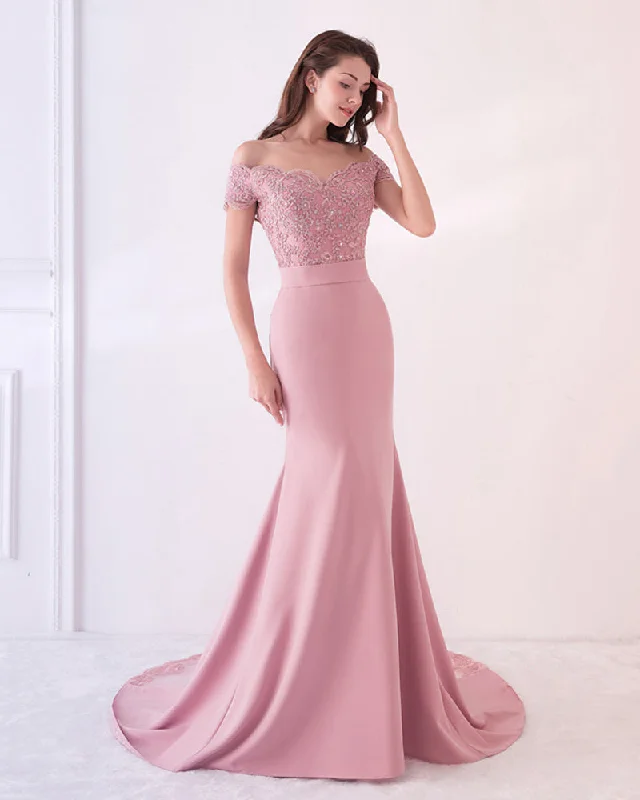 Comfortable Women's Clothing Limited - Edition Drops Off the Shoulder Pink Prom Dress Mermaid Long Formal Gown with Lace WL214