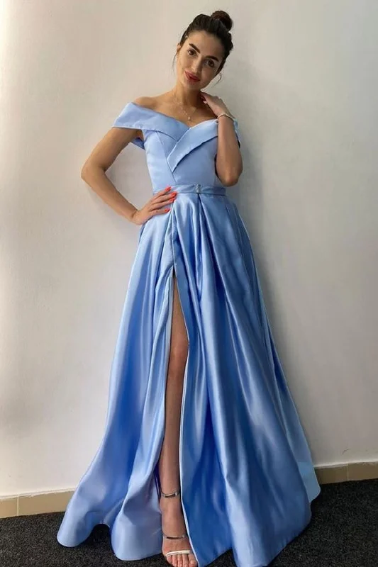 Women's Resort Attire Casual Elegance off the shoulder satin long formal prom dress with side slit   cg11298