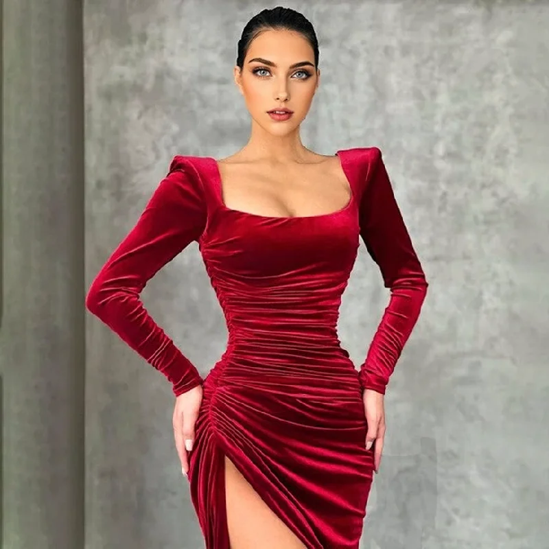 Chic Women's Attire Save on Classic Elegant Styles JuliaFashion - 2024 Square Neck Sexy Slit Bodycon Dress