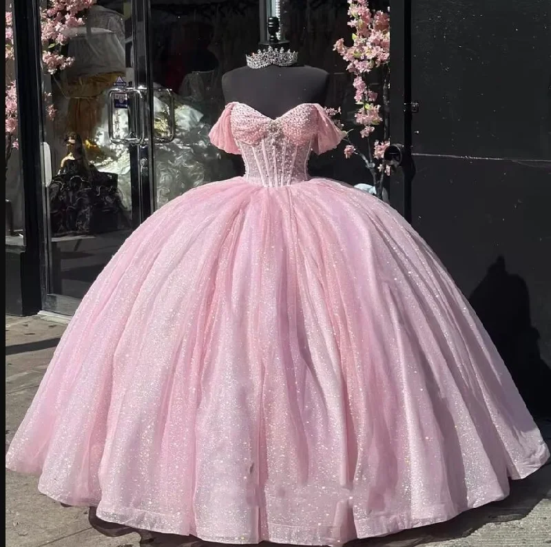 Women's Trendy Outfit Romantic Detailing Glittering Pink Quinceanera Dresses Ball Gown Sweet 16 Dress Vestidos De 15 Anos PL25171