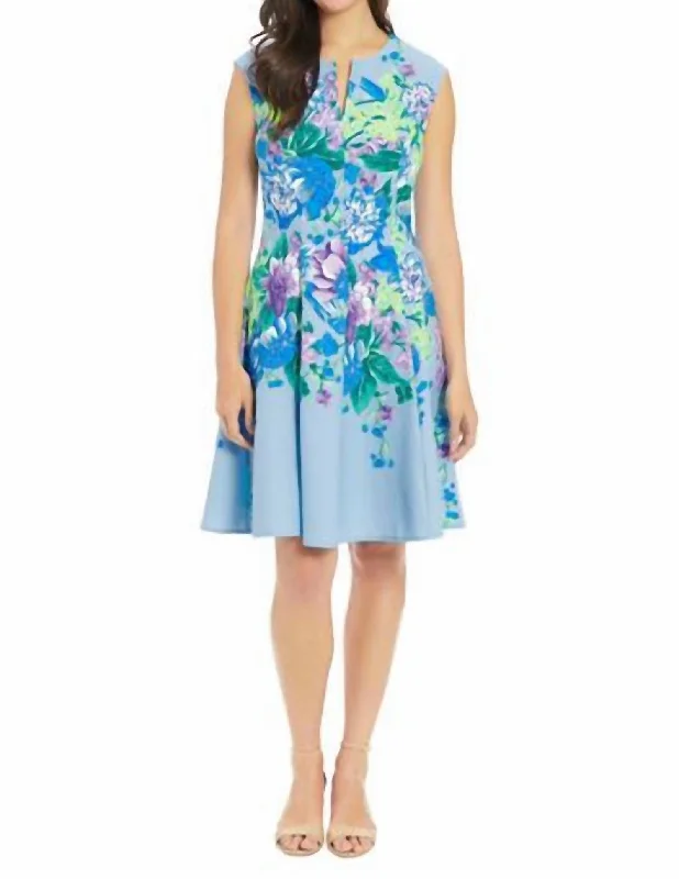 Women's Comfortable Lounge Outfit Luxe Layering Split Neck Fit & Flare Dress In Sky Blue Floral