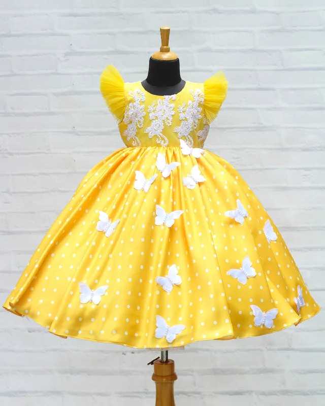 Casual Clothes For Women Vintage Elegance Pre-Order: Polka Dot Yellow Satin Gown With White Embroidery Yoke And Butterflies