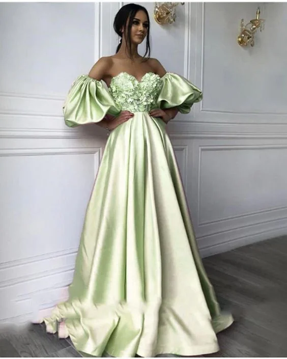 Women's Elegant Outfit Classic Timeless Elegant Style Mint Green Puffy Sleeves Satin Flowers Sweetheart A Line Long Prom Dresses for Girls   cg22071