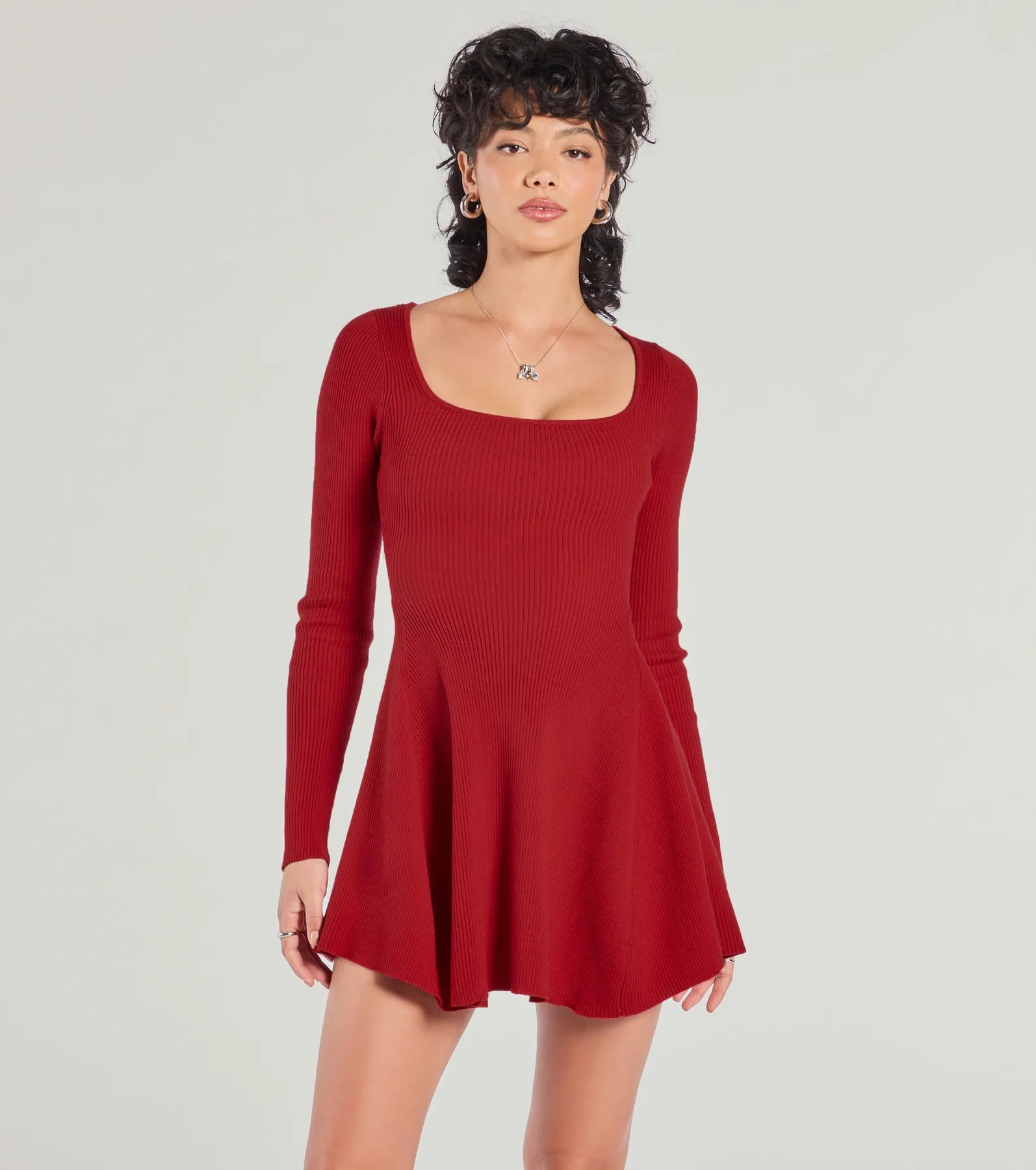 Women's Transitional Attire Graceful Drape Cutest Twirl Long Sleeve Knit Skater Dress