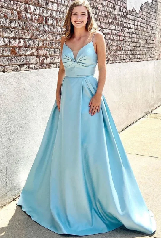 Women's Travel Outfit Set Modern Glamour BLUE V NECK SATIN LONG PROM DRESS, BLUE LONG EVENING DRESS   cg11813