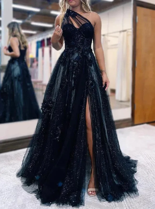 Women's Athletic Outfit Elegant Details Women Side Slit Prom Dresses Long Black Appliques Evening Gowns Formal Party Dress YPD330