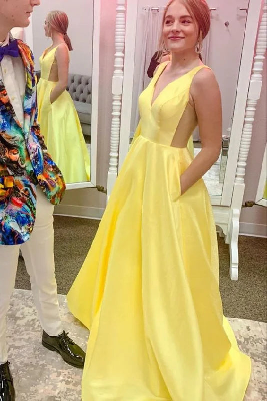 Women's Casual Wear Clothes Romantic Date - Night Ensemble v neck yellow satin long prom dress with pockets   cg8235