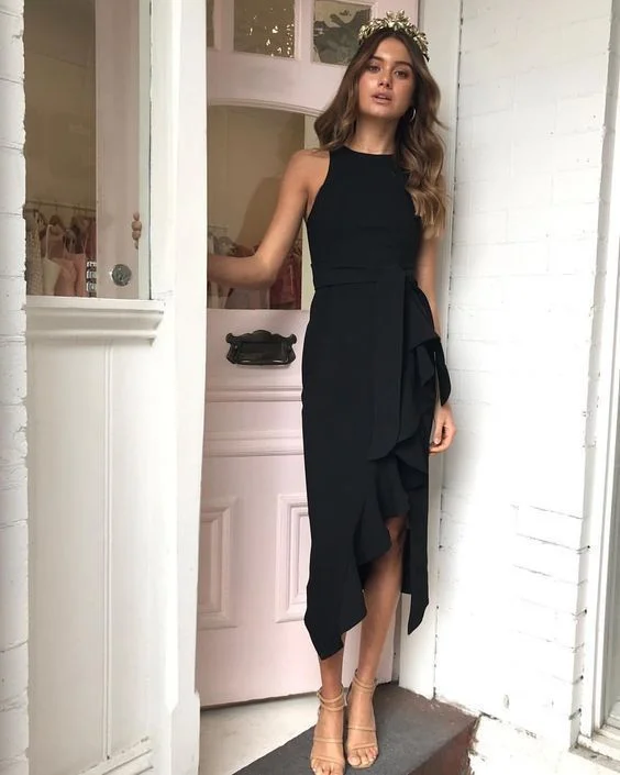 Stylish Women's Garments Fashion-Forward Style Sheath Round Neck Black Satin Irregular Hem Long Pencil Work Dresses Prom Dress cg10661