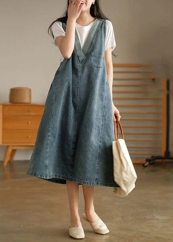 Women's Cozy Clothes Minimalist Chic Vintage Blue V Neck Patchwork Denim Tank Dress Sleeveless