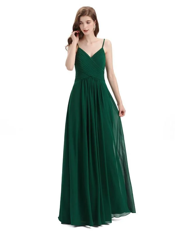 Women's Clothing For Holiday Travel Classic Appeal Pleated A-line Spaghetti Straps Chiffon Long Bridesmaid Dresses