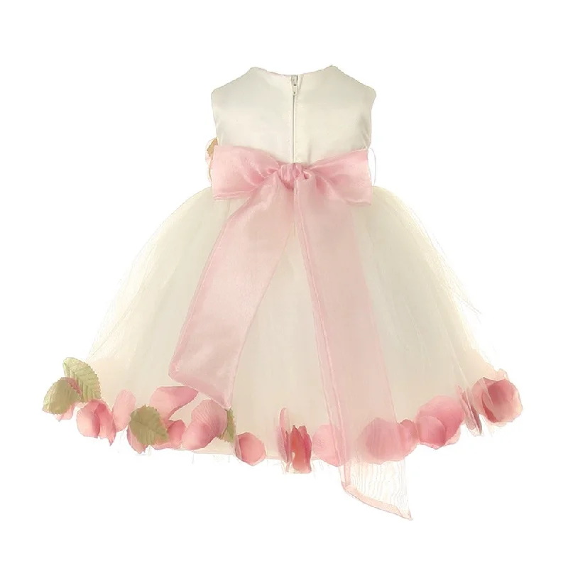 Women's Stylish Casual Garments Elevated Style Baby Girls Ivory Dusty Rose Petal Adorned Satin Tulle Flower Girl Dress 6-24M