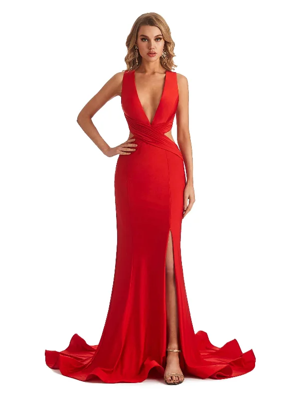 Women's Apparel Flash Sale Mermaid V-Neck Side-Slit Stretchy Jersey Long Formal Bridesmaid Dresses Online