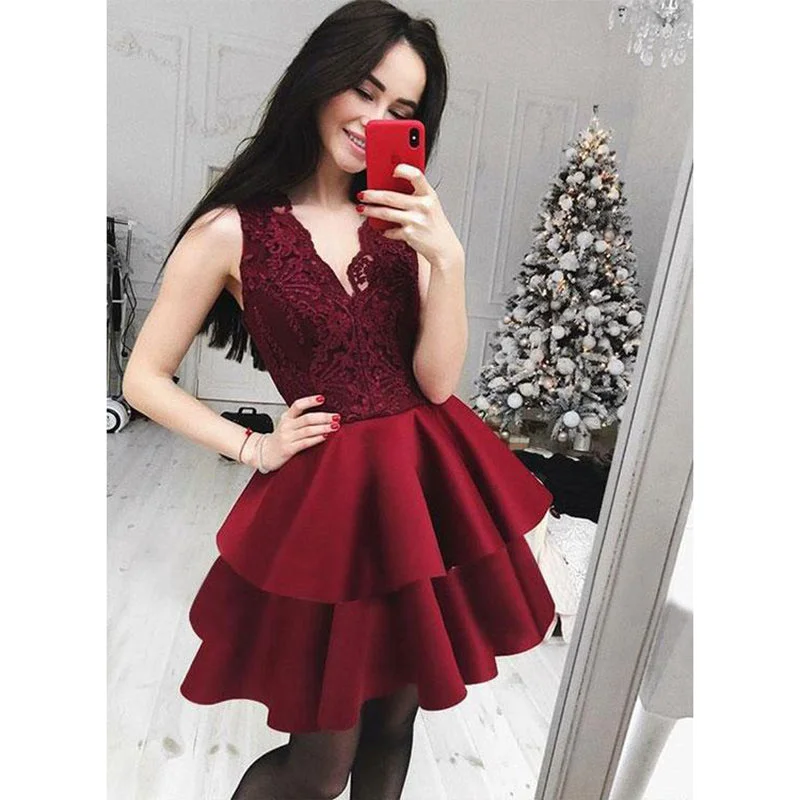 Affordable Trendy Clothes For Women Cottagecore Rustic Charm Style Lovely A Line V Neck Short Prom Burgundy Homecoming Dress Junior 8th grade Graduation Semi Gown SP881