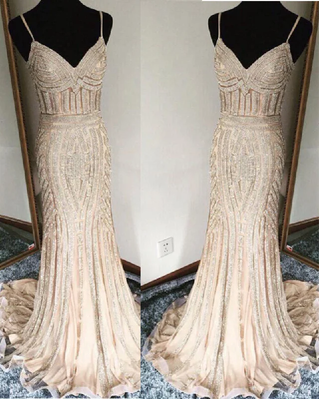 Women's Fashion-Forward Apparel Statement Piece Siaoryne ElegantMermaid Spaghetti Women  Gold Prom Evening Gown Mermaid Long PL2110