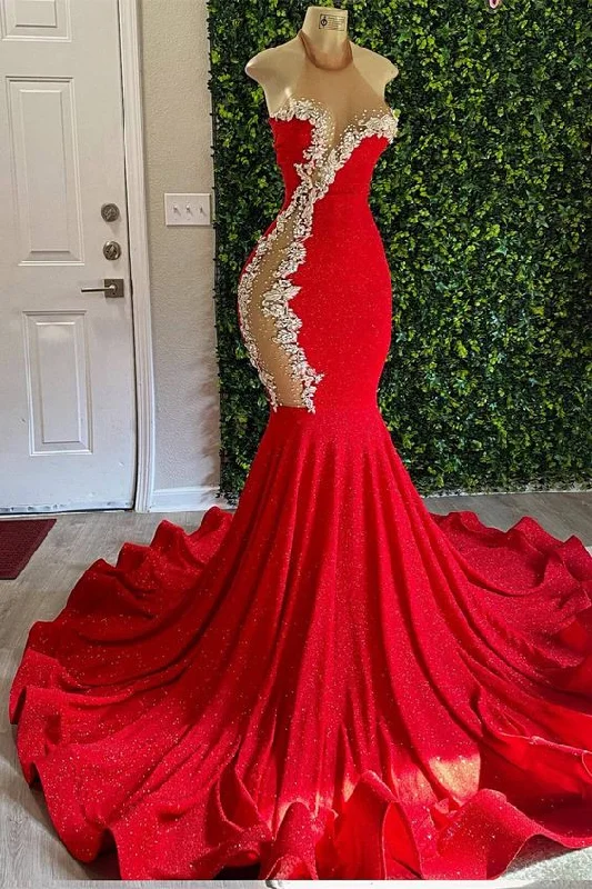 Women's Party Outfit Chic Allure Red High Neck Sleeveless Mermaid Prom Dress With Beadings