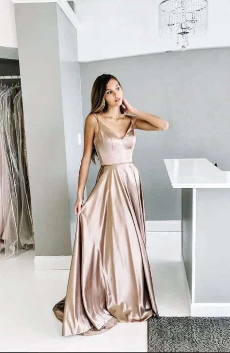 Women's Active Clothing Luxury Style Champagne satin long prom dress, champagne evening dress  cg7492