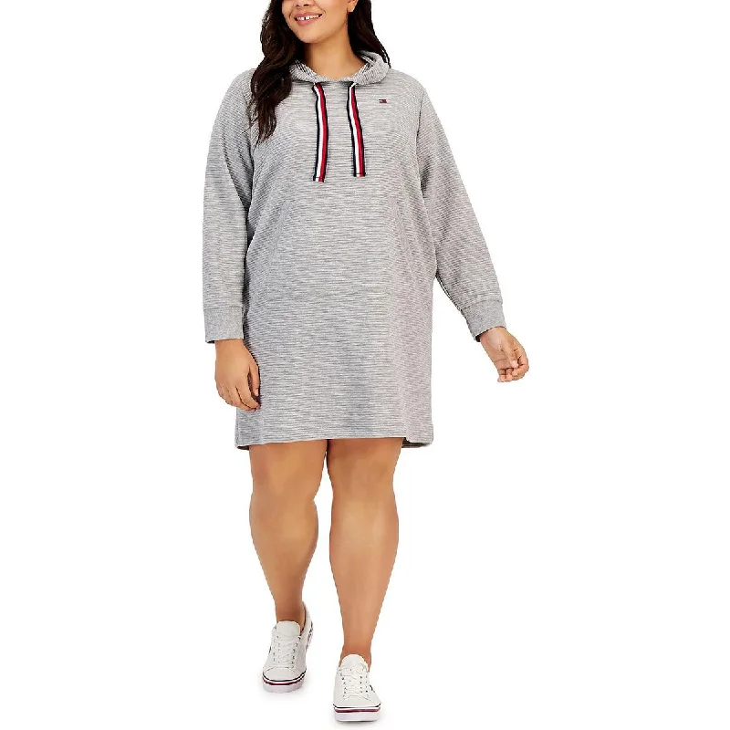 Modern Women's Outfit Y2K Nostalgic Fashion Look Tommy Hilfiger Womens Plus Hooded Ribbed Sweatshirt Dress