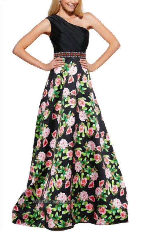 Women's Occasion Wear Clothes Dreamy Draping One Shoulder Floral Ballgown In Black Multi