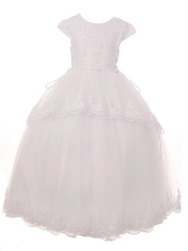 Women's Stylish Professional Garments Lightweight Fabric Big Girls White Sequin Beaded Cap Sleeves Satin Tulle Communion Dress 7-20