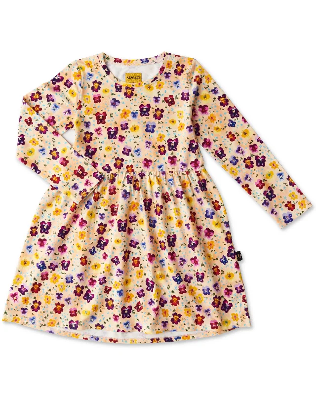 Elegant Women's Attire Feminine Allure Pansy Organic Cotton Long Sleeve Everyday Dress