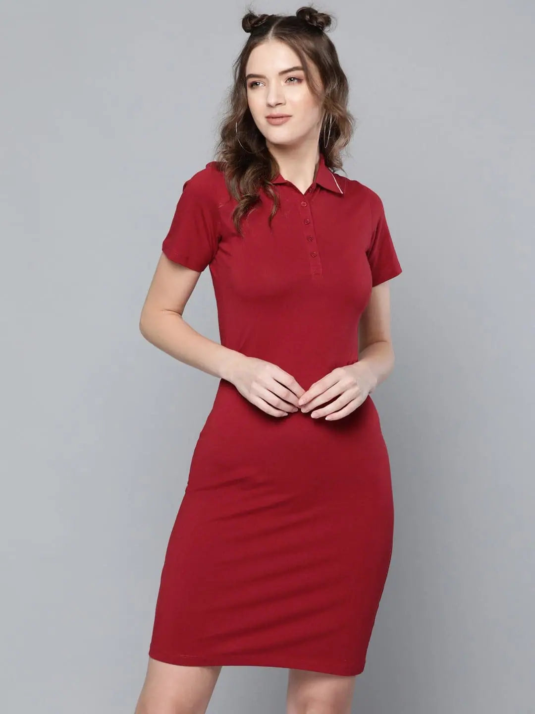 Women's Casual Outfit Feminine Flow Maroon Polo Neck T-Shirt Dress