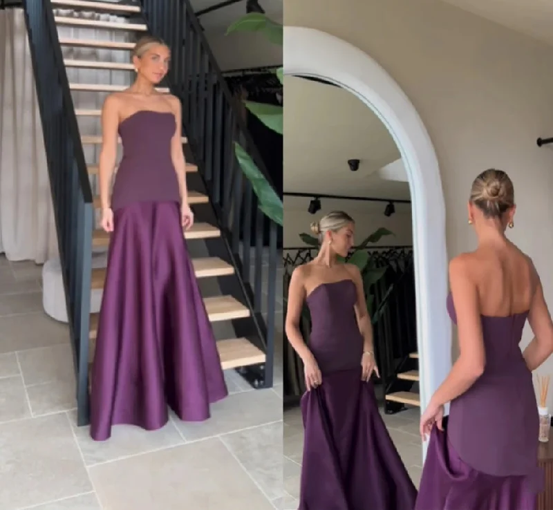 Affordable Fashion Clothing For Women Minimalist Chic Sexy Purple Evening Dresses Sleeveless Prom Dress Strapless Floor Length Pleated Formal Party Dresses vestidos de fiesta